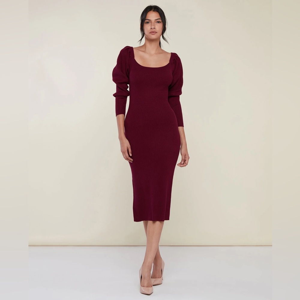NWT Rachel Parcell Puff Sleeve Sweater Midi Dress in Wine Red